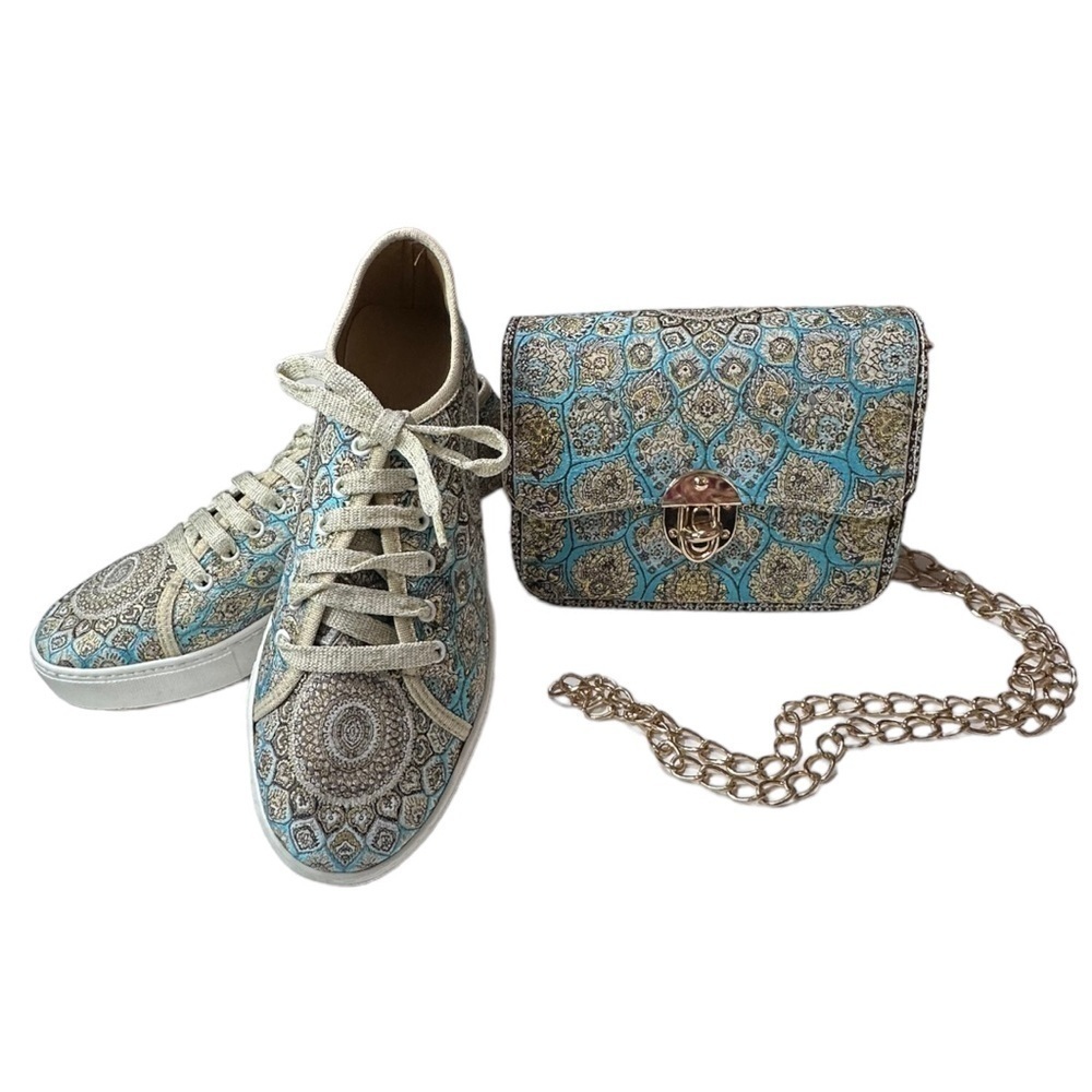Vleyn Blue Paisley Sneakers Size 8 & Matching Mini Bag Set - Picture 1 of 13